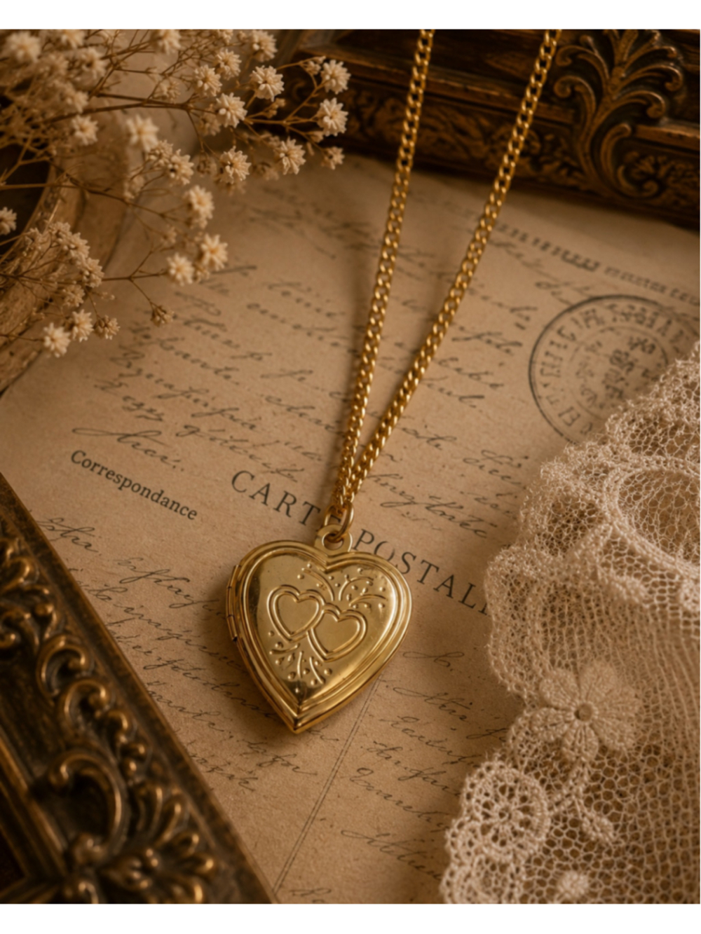 Vintage Heart Locket Necklace Gold Tone Double Heart Photo Pendant 1980s